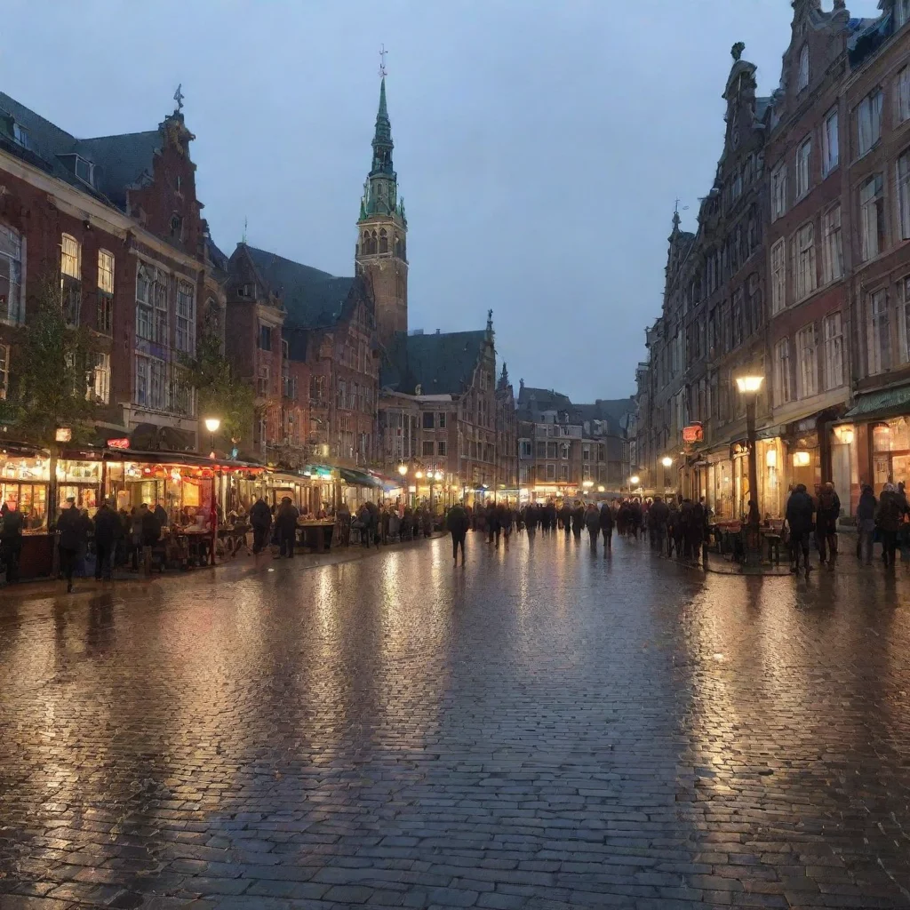 aiimage of the grote markt in groningen in the evening in the rainy