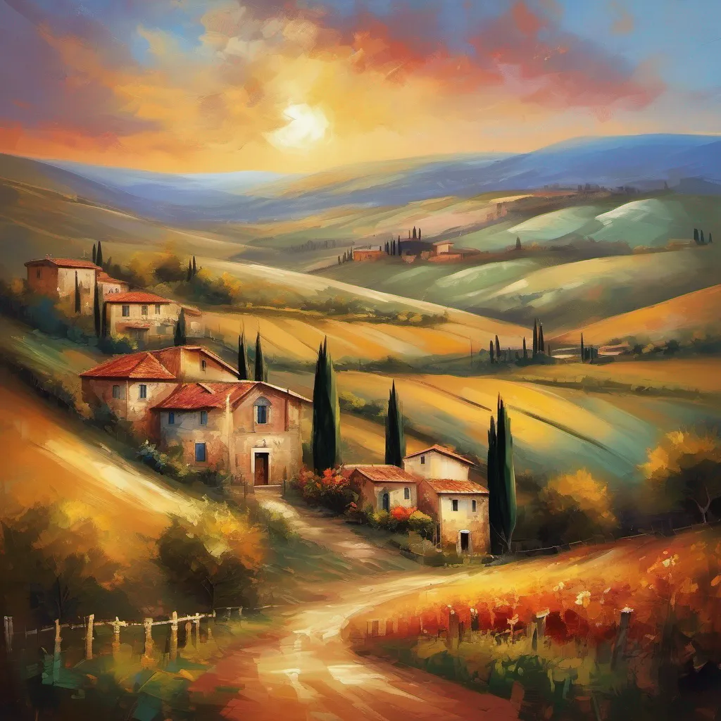 imagine an exquisite piece of art that transports you to the enchanting landscapes of tuscany. in this captivating scene%2C a serene village nestled amidst rolling hills comes to life with the warm embrace of sunset.