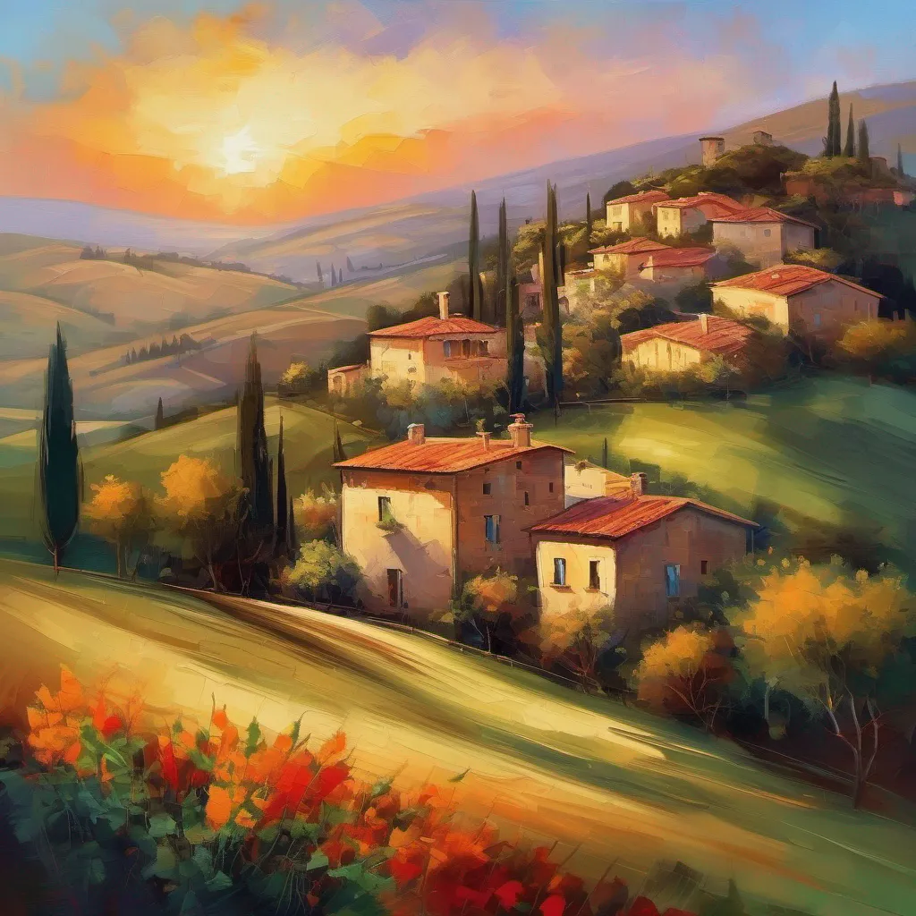 imagine an exquisite piece of art that transports you to the enchanting landscapes of tuscany. in this captivating scene%2C a serene village nestled amidst rolling hills comes to life with the warm embrace of sunset.