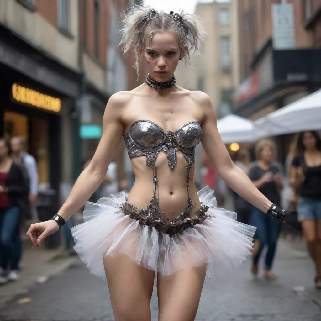 aiimagine realism realistic hyper realistic cyborg girl street dance burlesque lithe mycelium tutu mycelium gills micro