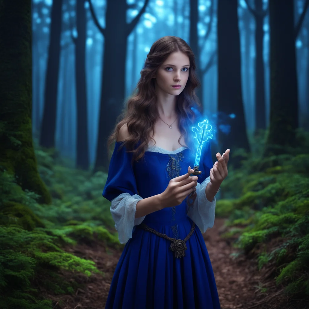 aiin a dark blue forest%2C a glowing magic key in the hand of a brown haired woman amazing awesome portrait 2