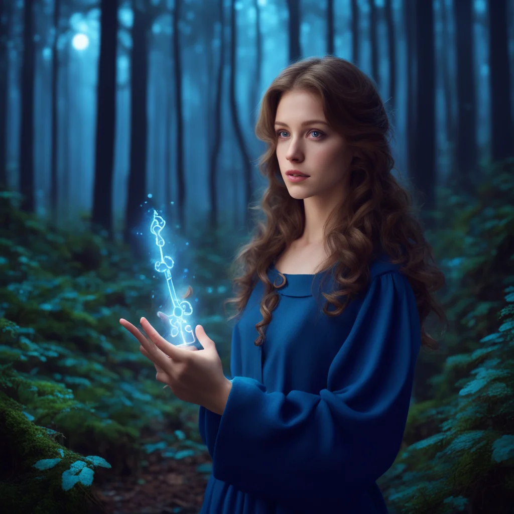 aiin a dark blue forest%2C a glowing magic key in the hand of a brown haired woman confident engaging wow artstation art 3
