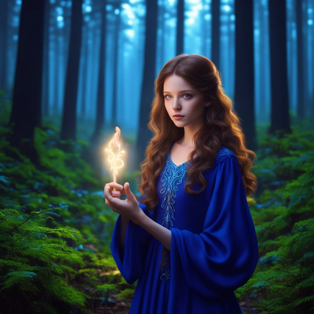 aiin a dark blue forest%2C a glowing magic key in the hand of a brown haired woman