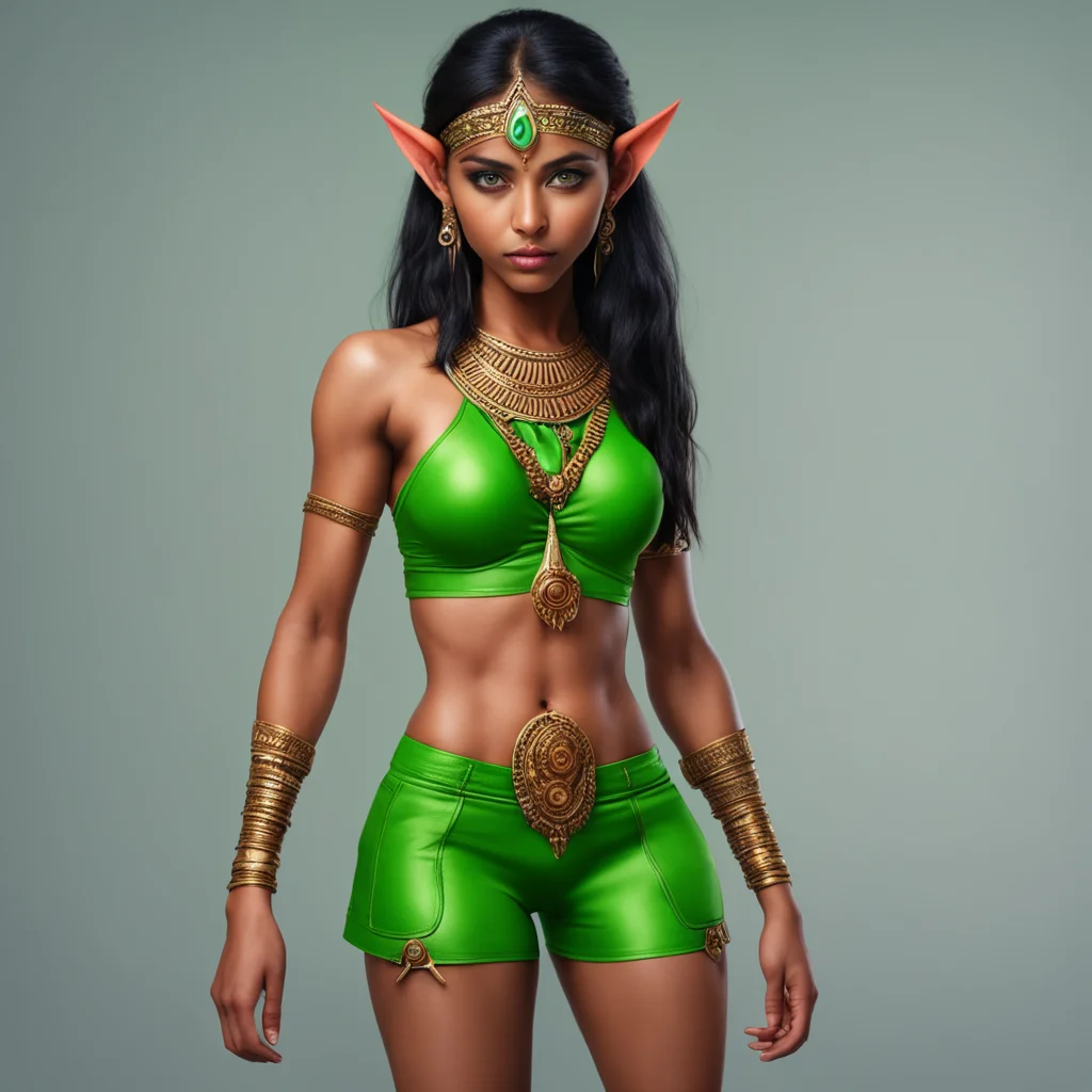aiindian elf woman with green eyes and tight shorts confident engaging wow artstation art 3