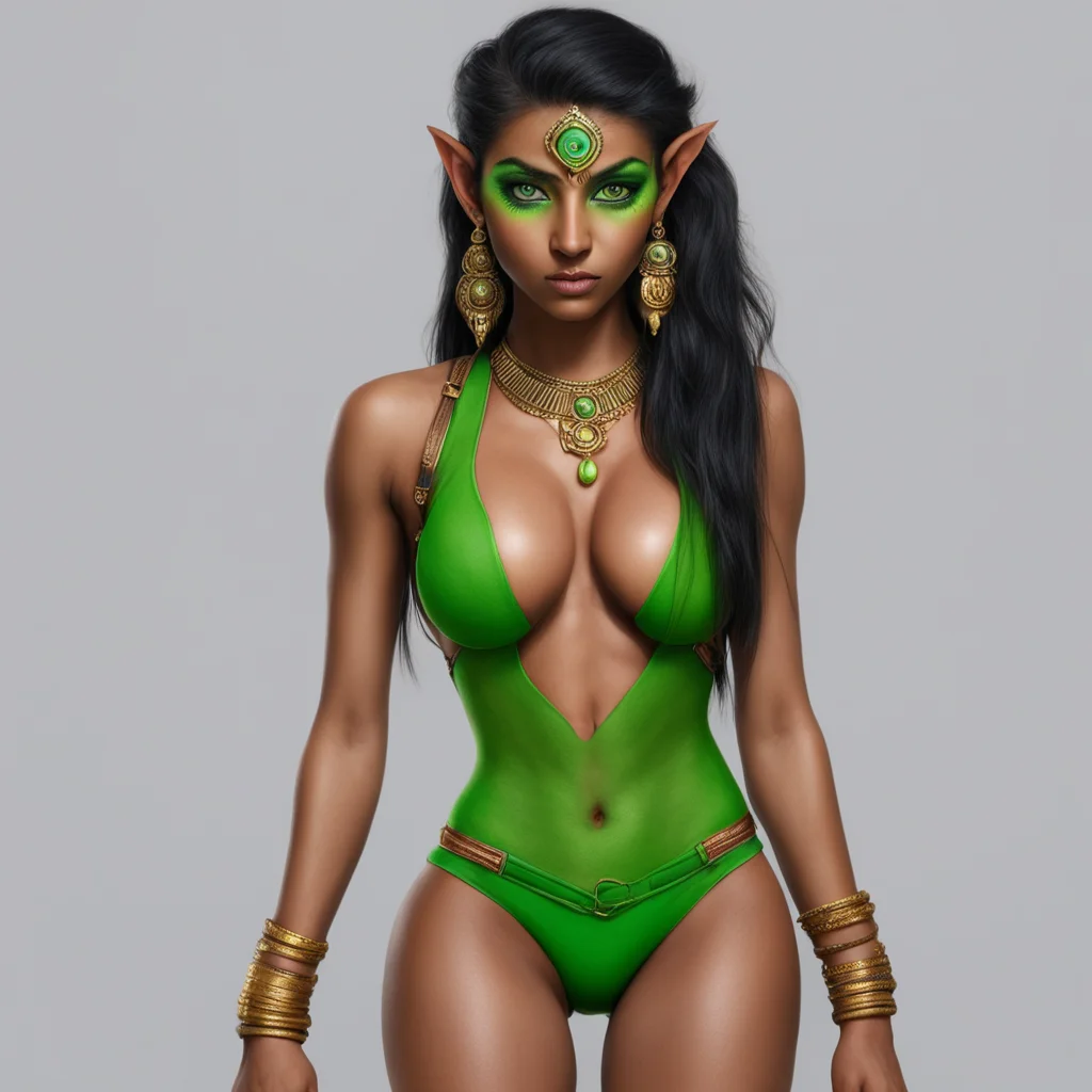 aiindian elf woman with green eyes and tight shorts