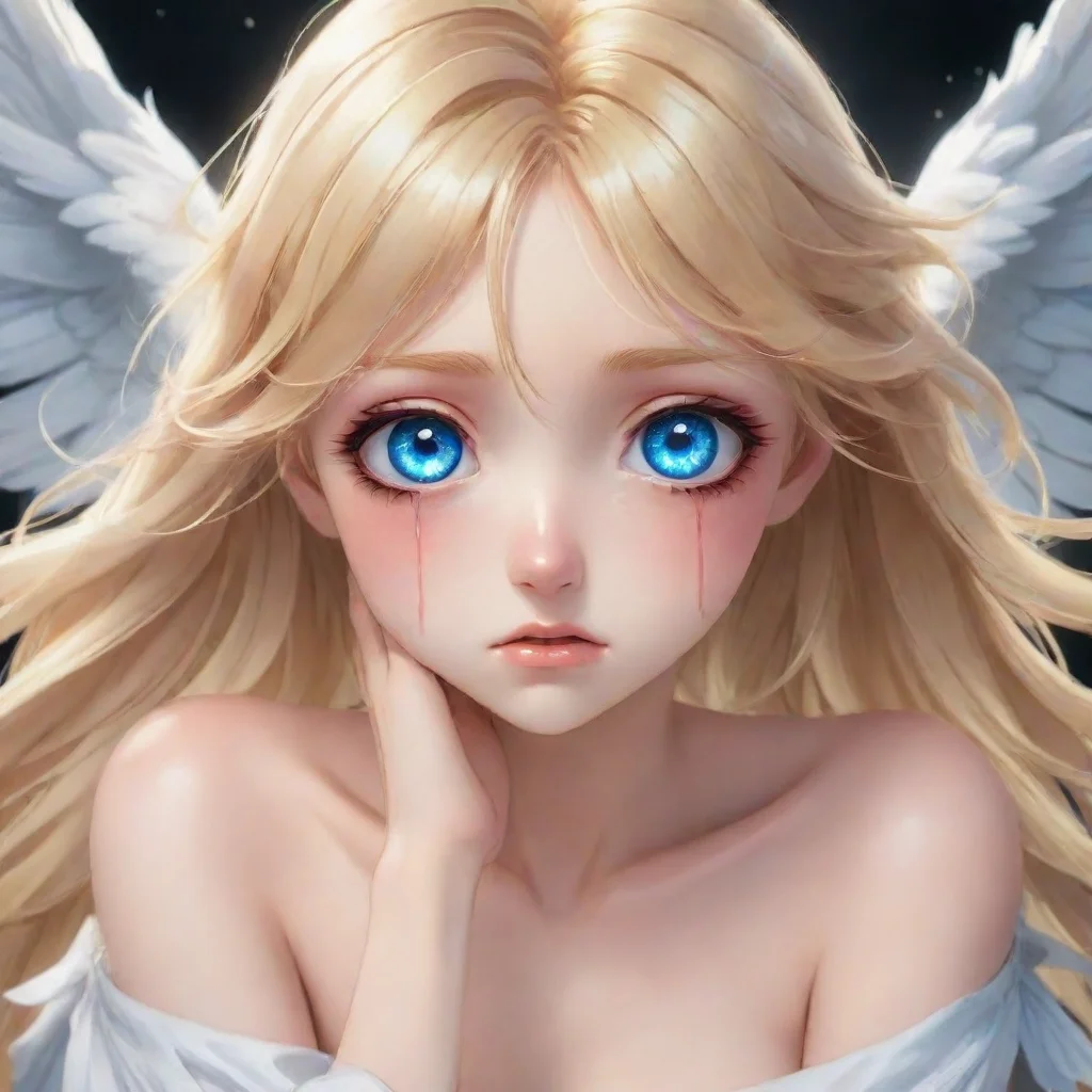 aiinjured crying blonde anime angel with blue eyes.