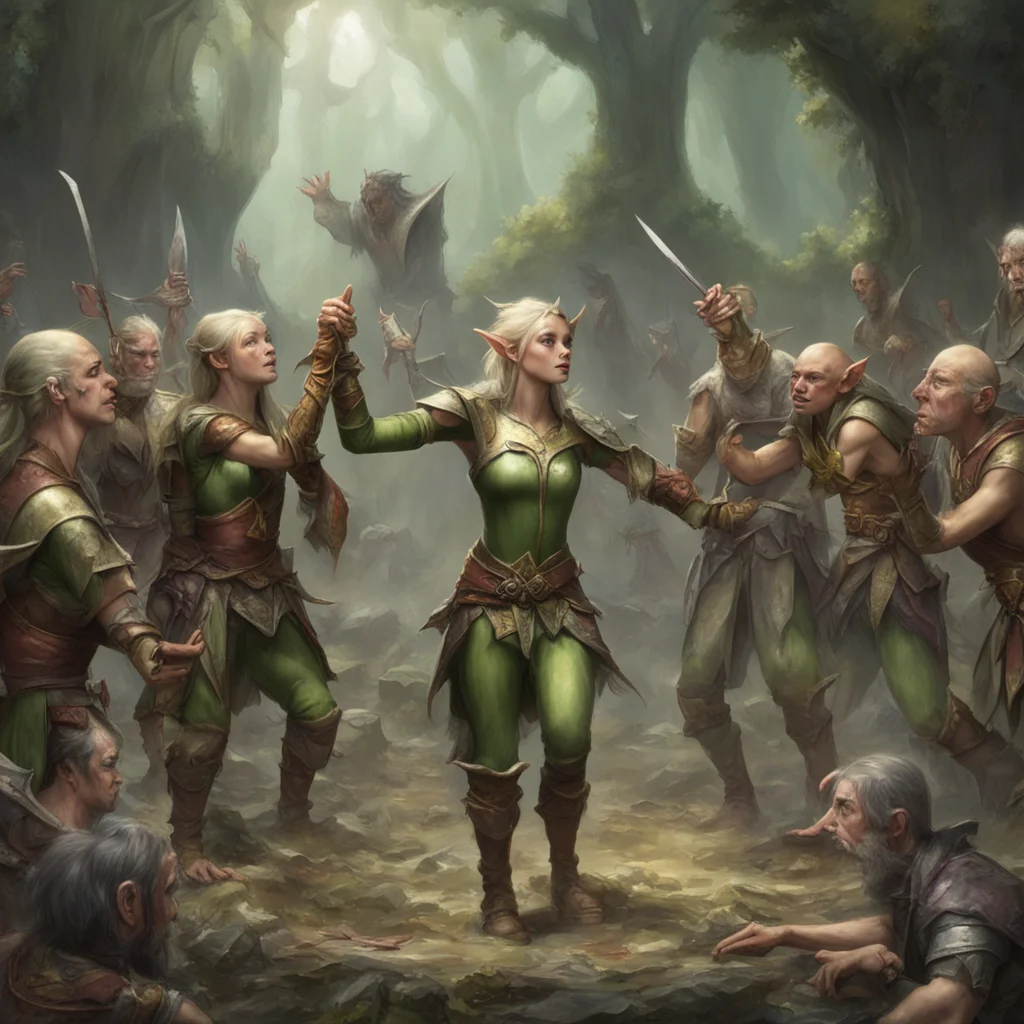 aiinjured elven warrior princess surrenders to band of goblins