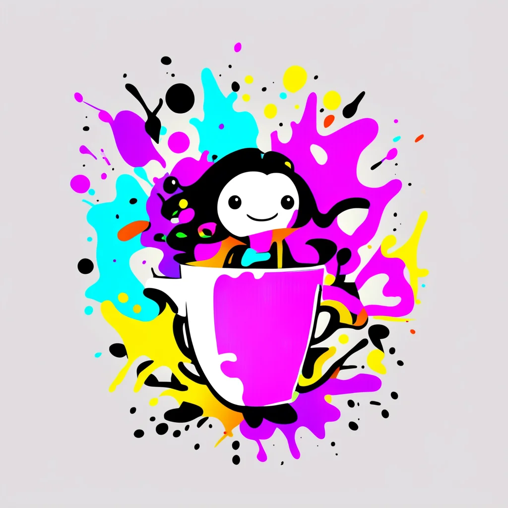 aiinky%2C colorful splatoon like background with the text personalizame with a coffee mug and a t shirt for a logo