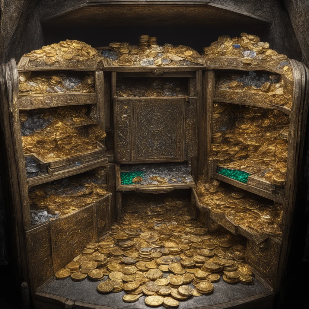 aiinside king thranduil%E2%80%99s treasure vault with gold coins and silver coins and diamonds%2C rubies%2C sapphires and emeralds in large chests amazing awesome portrait 2