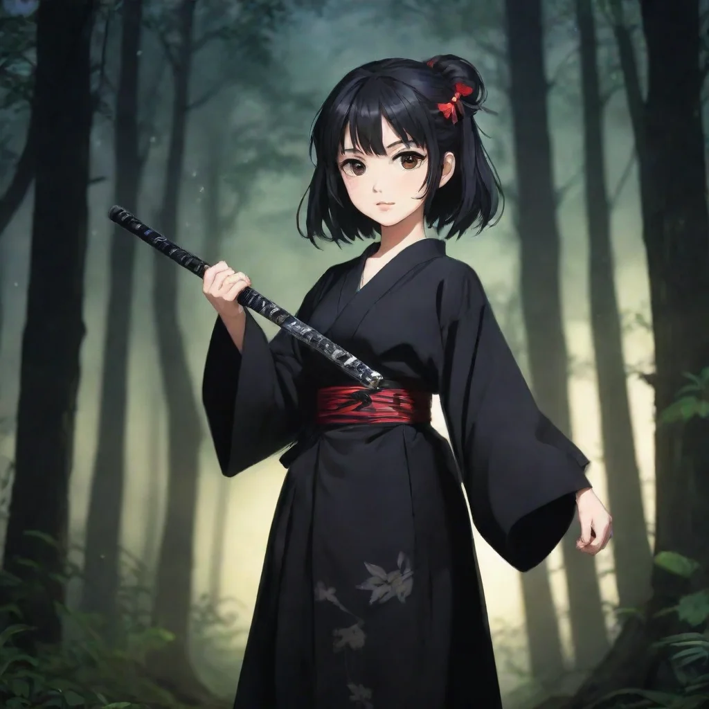 aijapanese anime girl with katana wearing black yukata night forest background