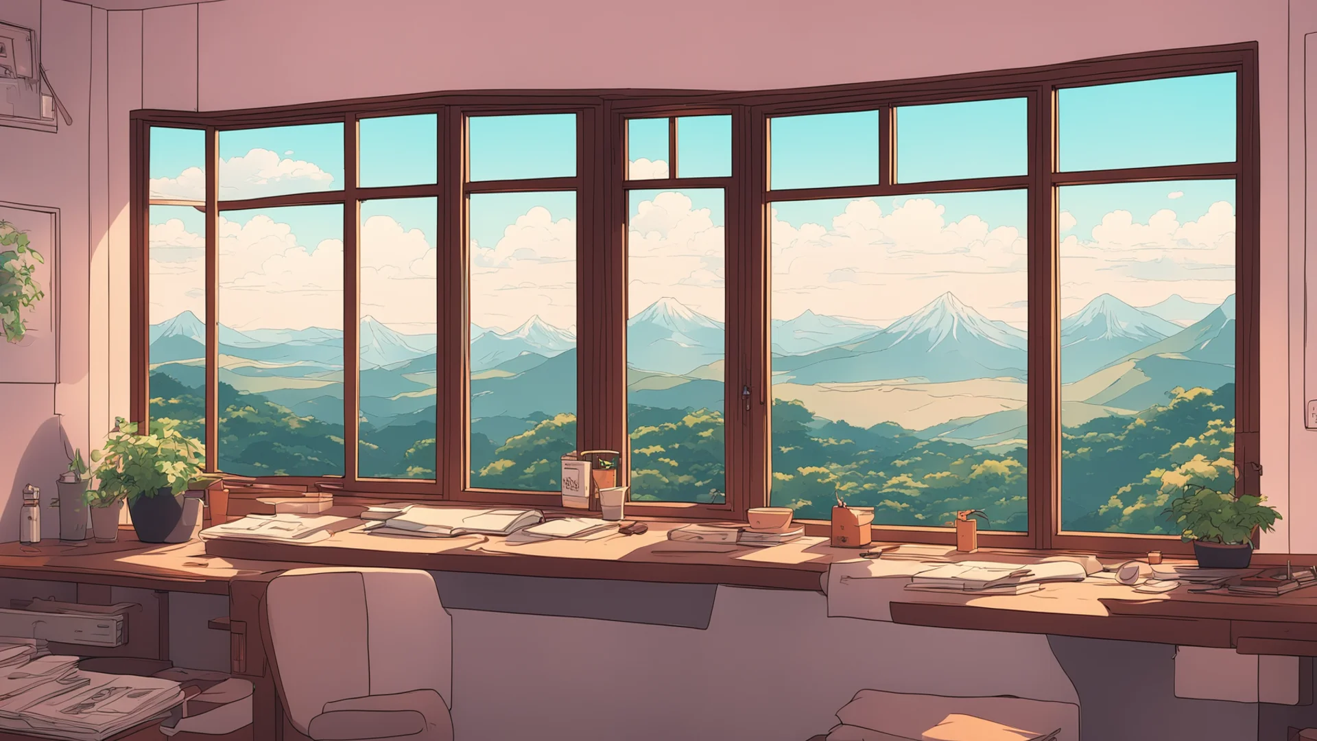 aijapanese interior. window view with a desk. lofi%2C manga%2C anime style. chill cozy room.  confident engaging wow artstation art 3 wide