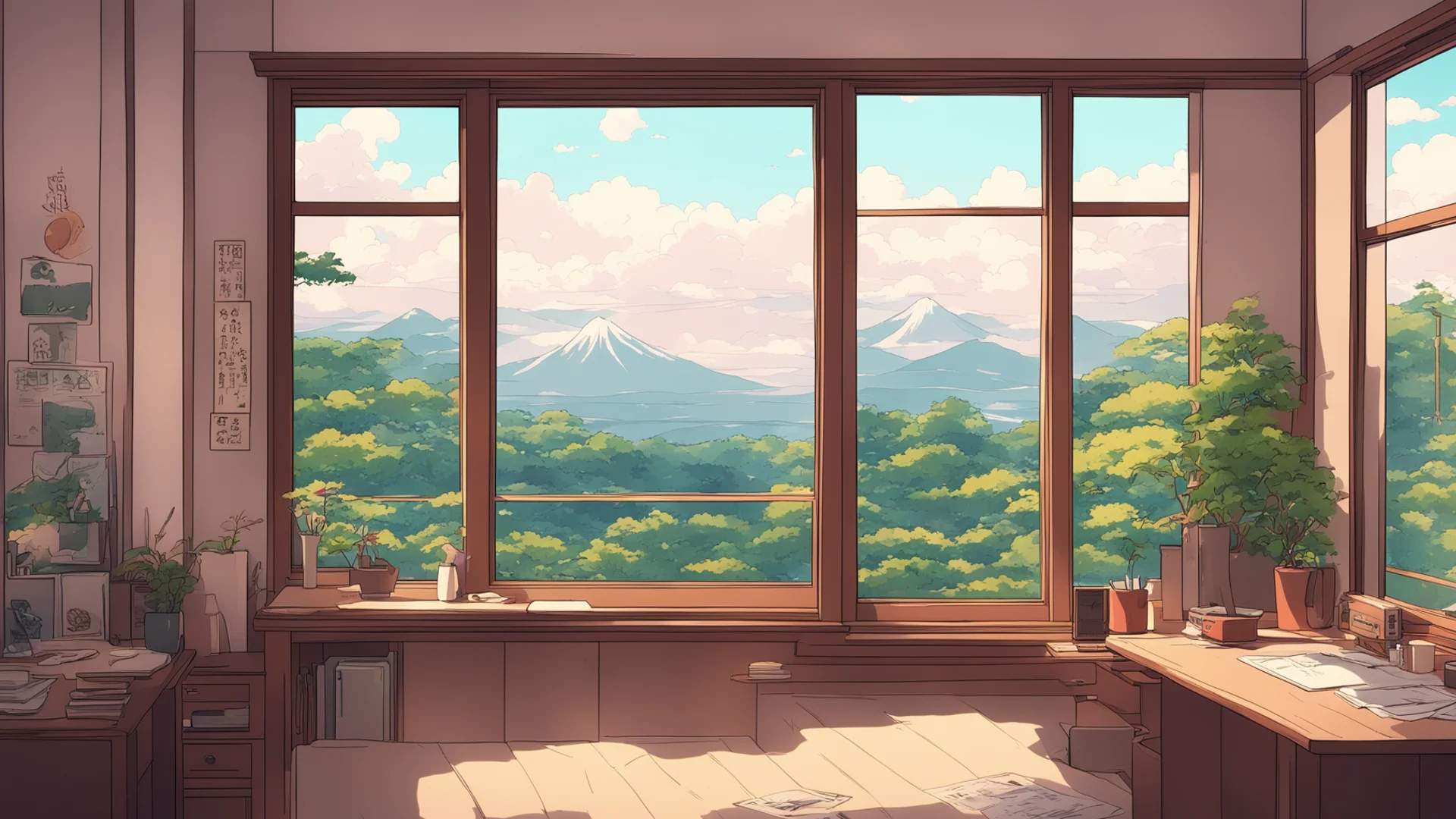 aijapanese interior. window view with a desk. lofi%2C manga%2C anime style. chill cozy room.  good looking trending fantastic 1 wide