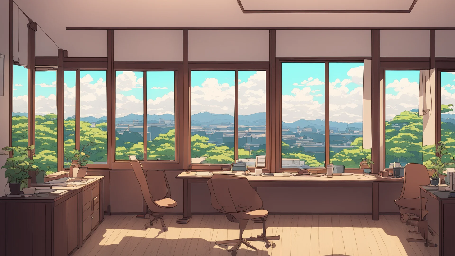 aijapanese interior. window view with a desk. lofi%2C manga%2C anime style. chill cozy room.  wide