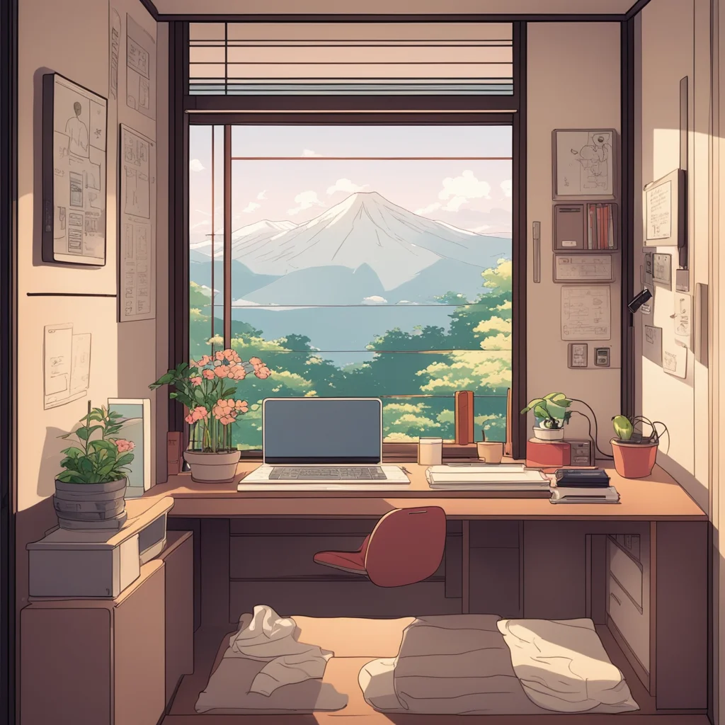 aijapanese interior. window view with a desk. lofi%2C manga%2C anime style. chill cozy room. 