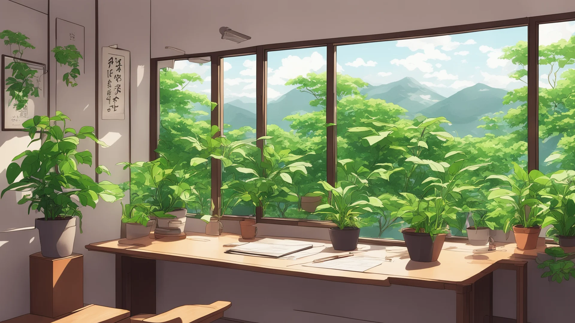 aijapanese interior. window view with a desk. plants on desk anime style. chill cozy room. verdant. amazing awesome portrait 2 wide