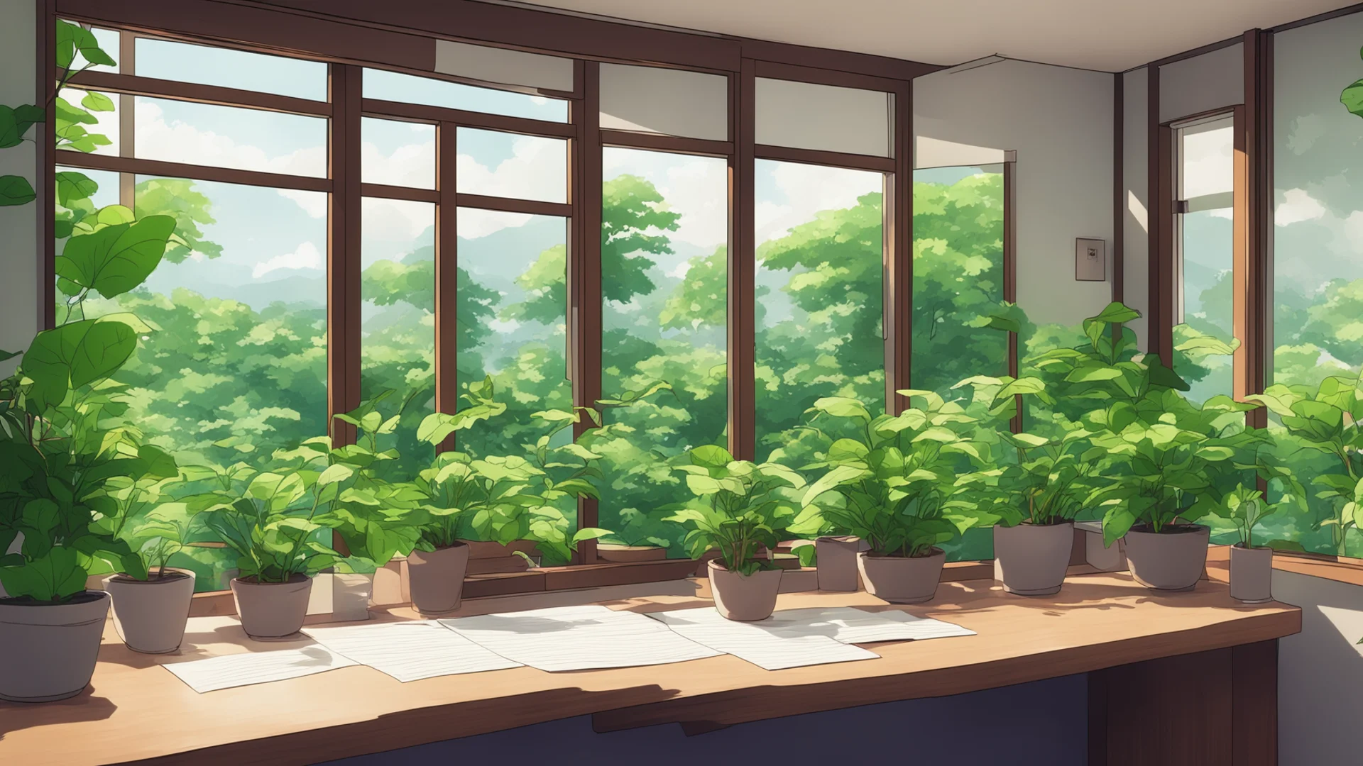 aijapanese interior. window view with a desk. plants on desk anime style. chill cozy room. verdant. confident engaging wow artstation art 3 wide