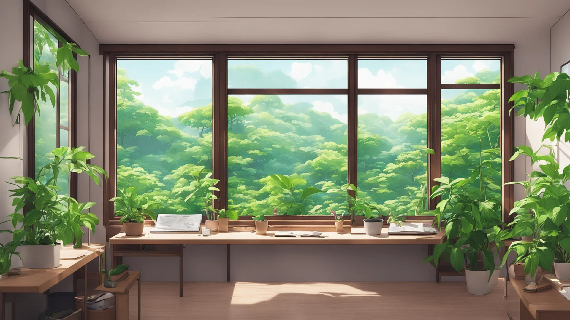 japanese interior. window view with a desk. plants on desk anime style. chill cozy room. verdant. good looking trending fantastic 1 wide