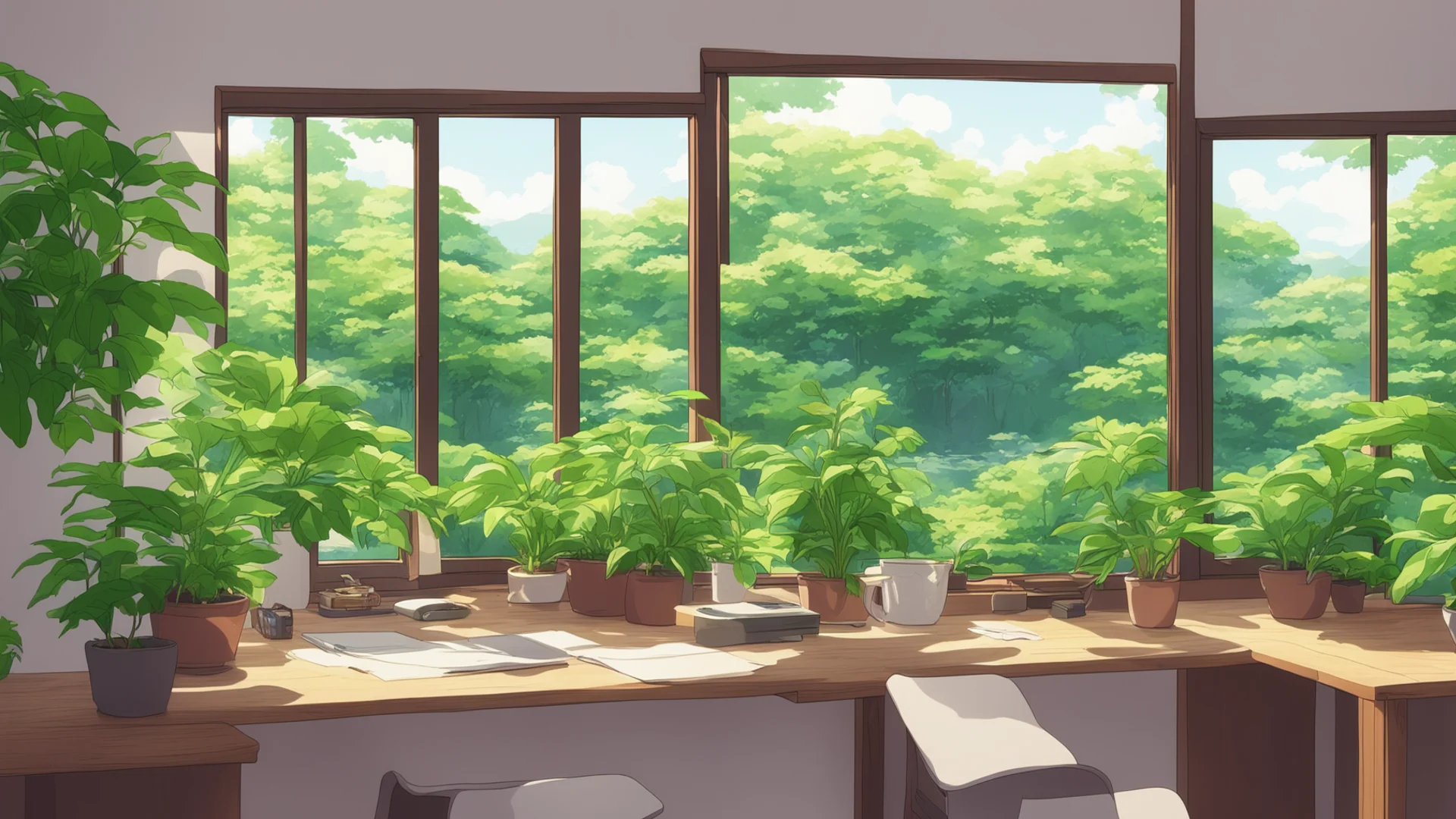 aijapanese interior. window view with a desk. plants on desk anime style. chill cozy room. verdant. wide