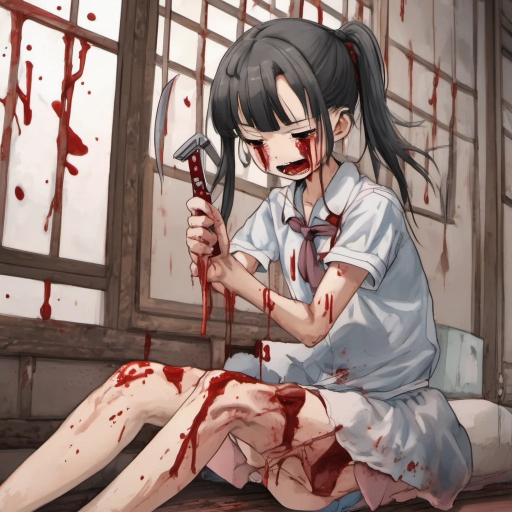 japanese school girl holding a razor while crying and blood on her
