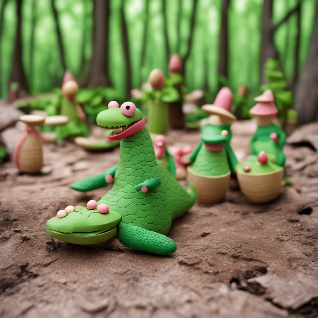 aijapanese wooden doll crocodile party in the woods