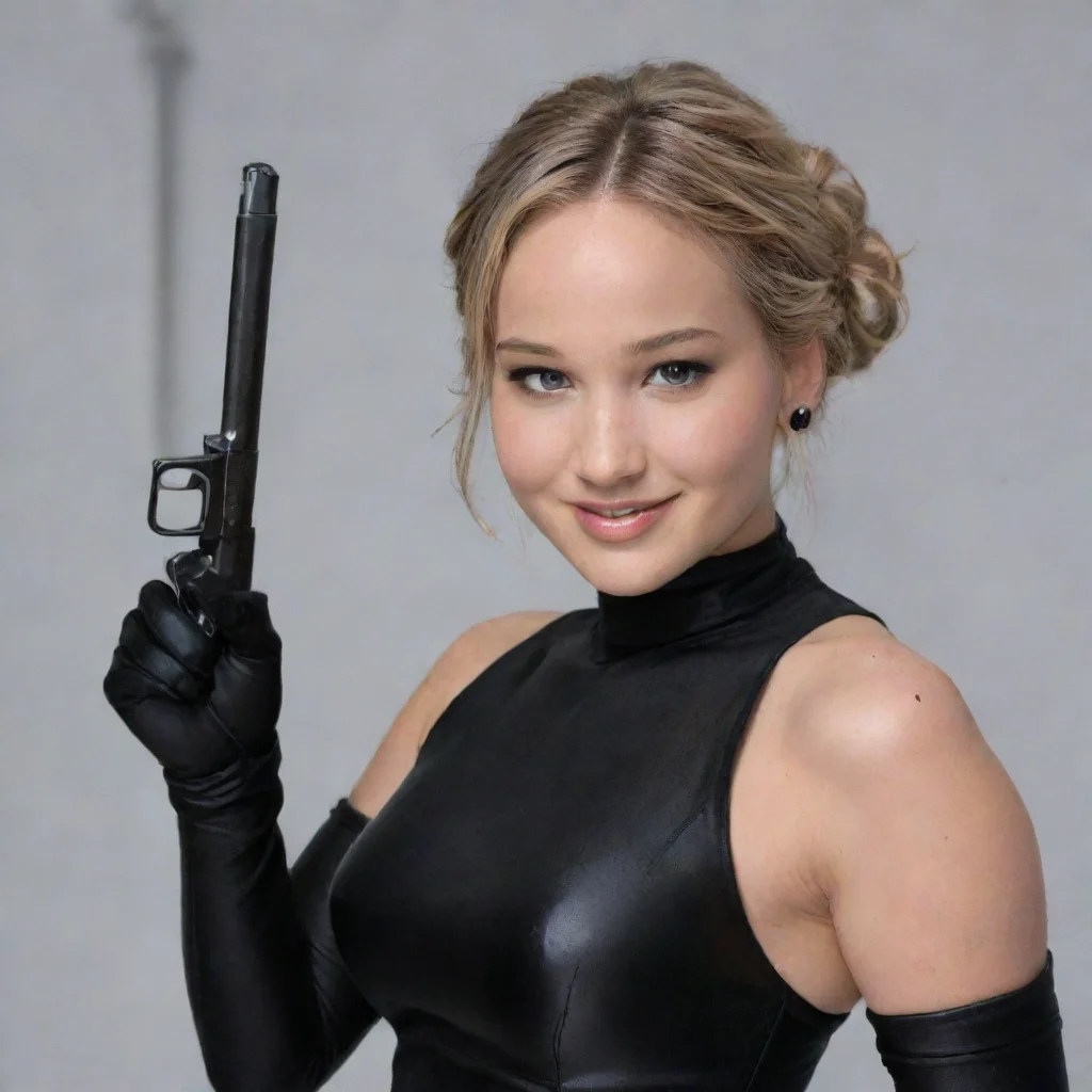 aijennifer lawrence smiling with black gloves and gun