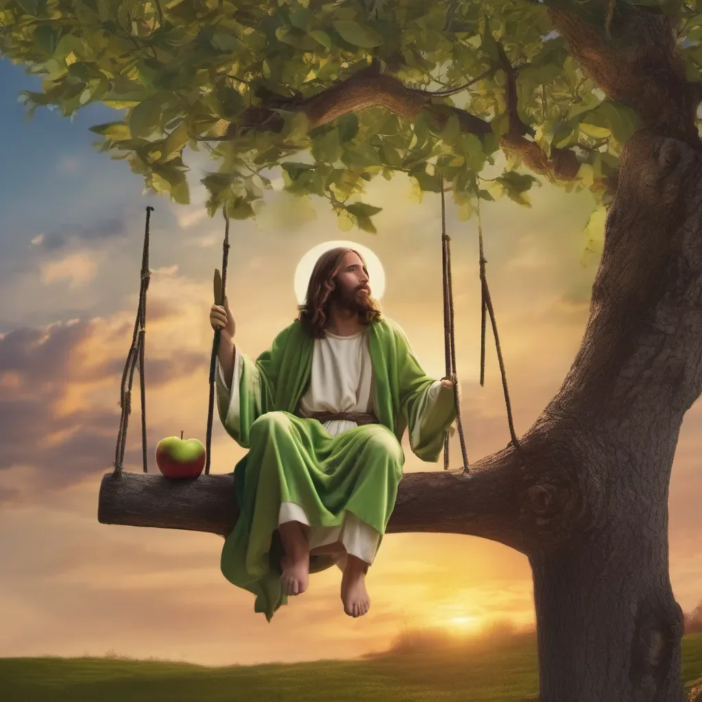 jesus eating a green apple%2C sitting on a wooden swing hung on an oak tree branch%2C sunset in the background 