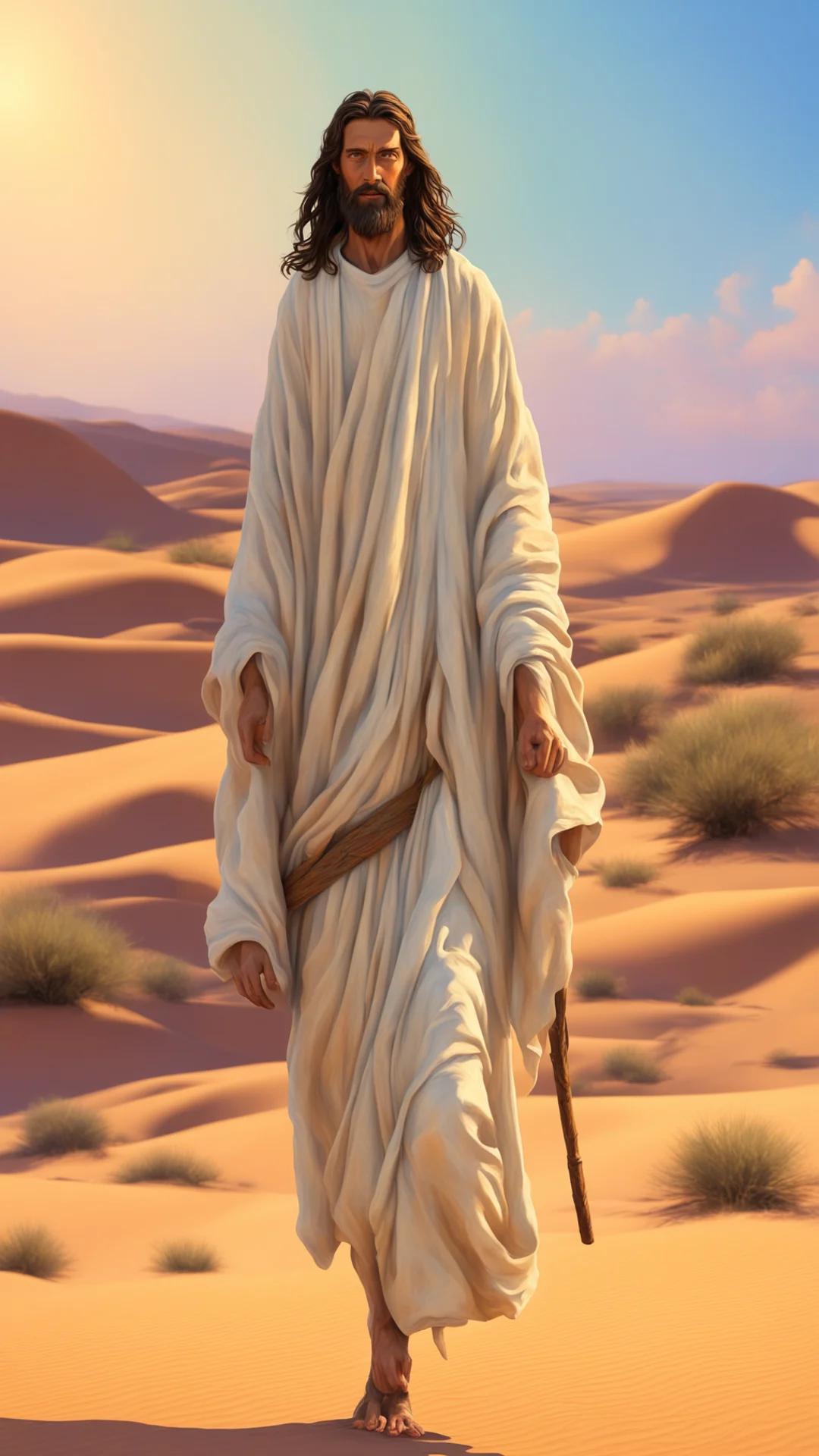 jesus walking in style of oil painting  octane  desert in style of pixar ar 916 stop 80 uplight amazing awesome portrait 2 tall