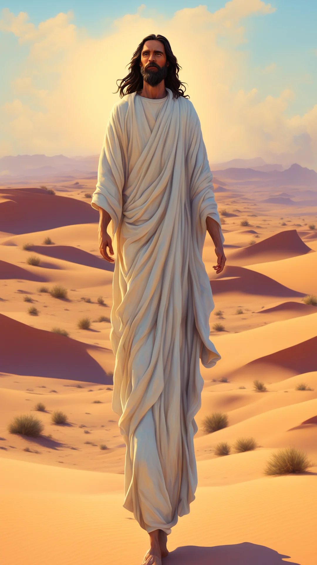 jesus walking in style of oil painting  octane  desert in style of pixar ar 916 stop 80 uplight confident engaging wow artstation art 3 tall