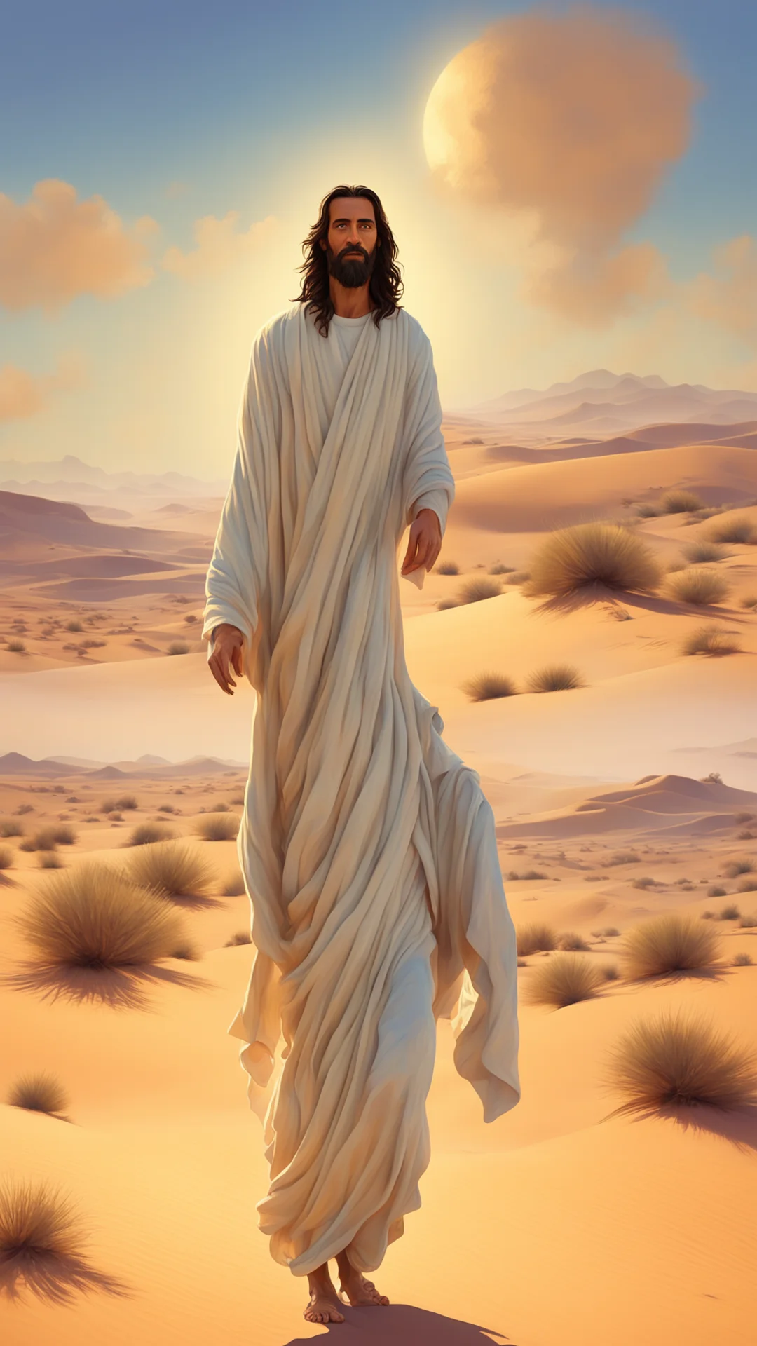 jesus walking in style of oil painting  octane  desert in style of pixar ar 916 stop 80 uplight good looking trending fantastic 1 tall