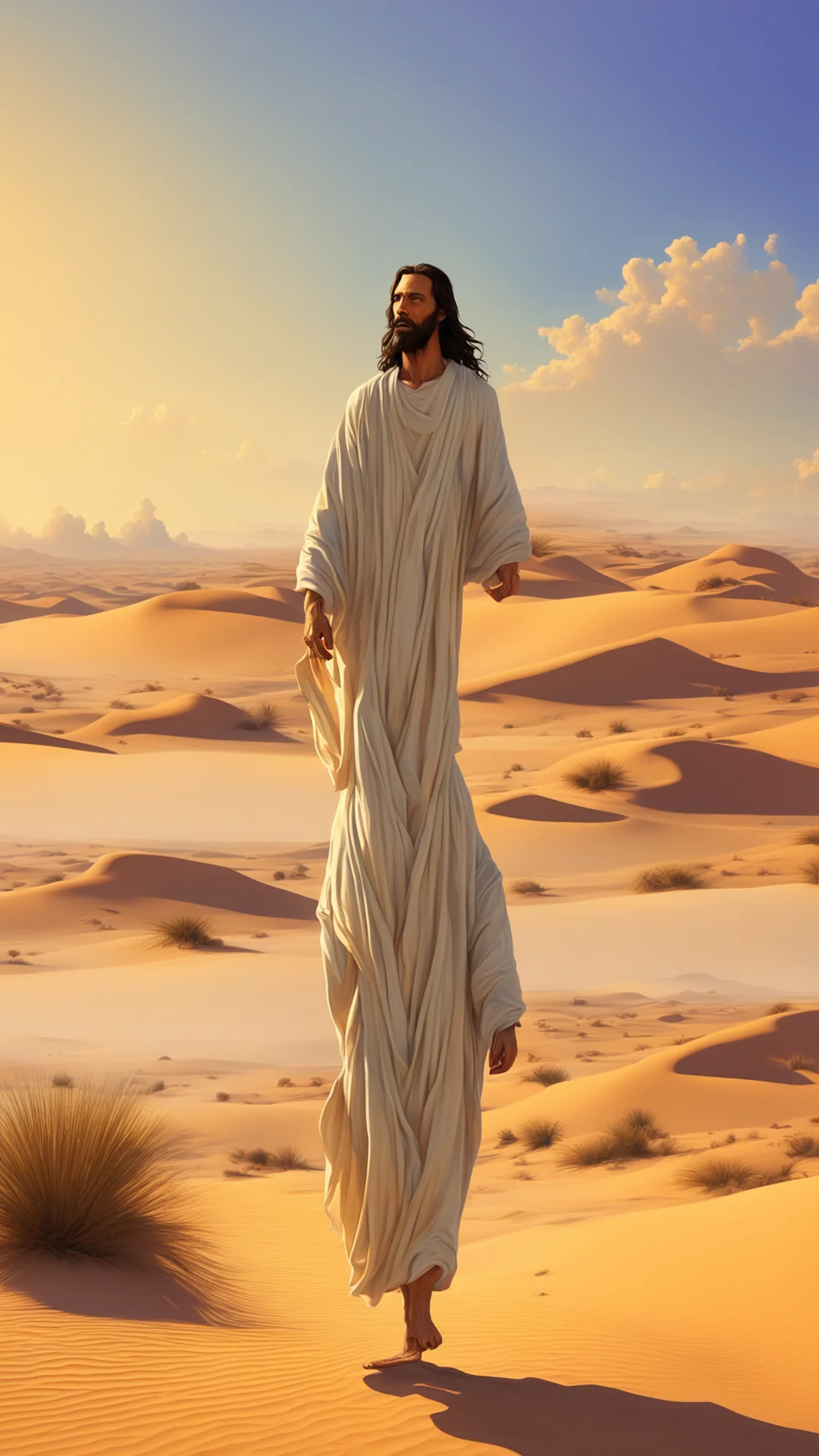 jesus walking in style of oil painting  octane  desert in style of pixar ar 916 stop 80 uplight tall