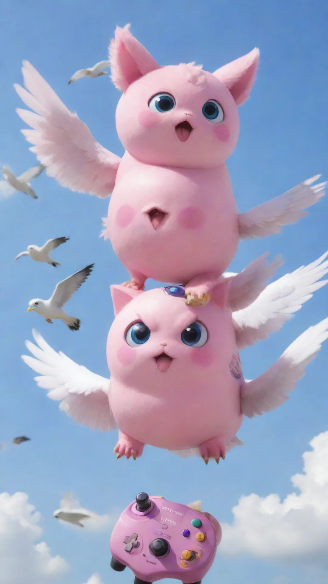 aijigglypuff riding a seagull with a gamecube controller tall