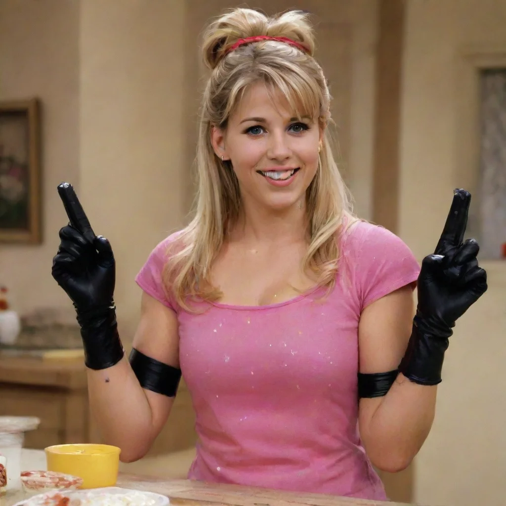 aijodie sweetin as stephanie tanner from full house smiling with black deluxe nitrile gloves and gun and mayonnaise splattered everywhere