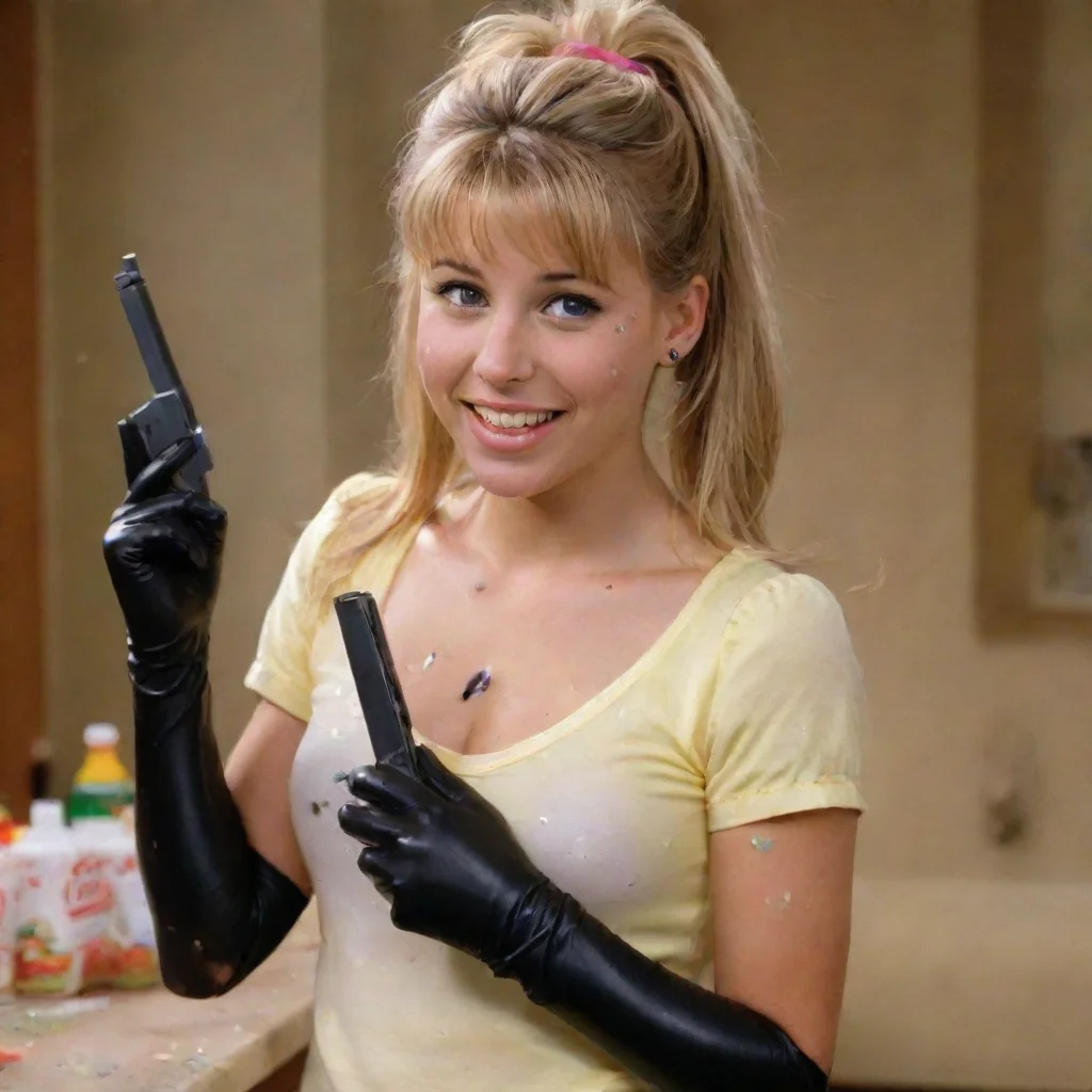 aijodie sweetin as stephanie tanner from full house smiling with black nitrile gloves and gun and mayonnaise splattered everywhere