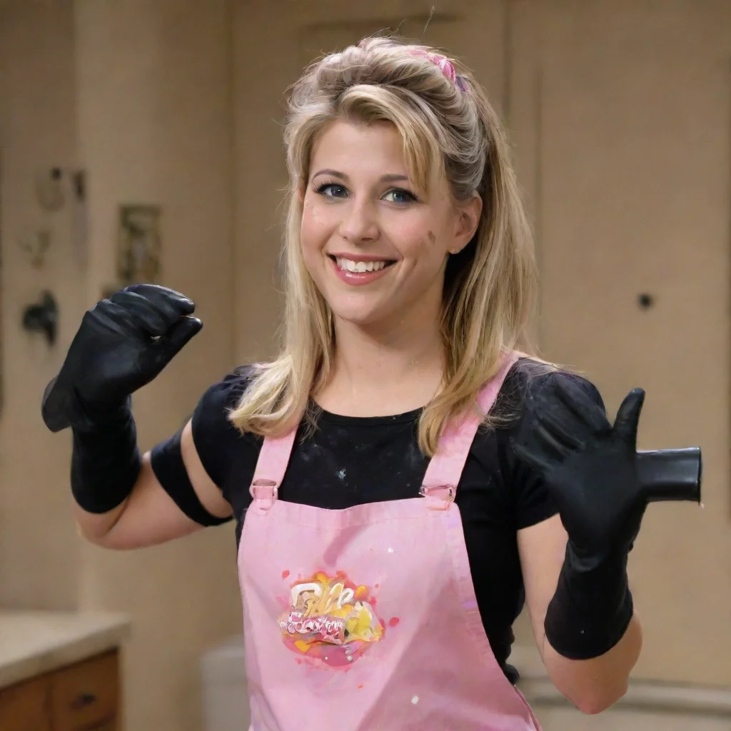 jodie sweetin as stephanie tanner from full house smiling with black ultra nitrile gloves and gun and mayonnaise splattered everywhere