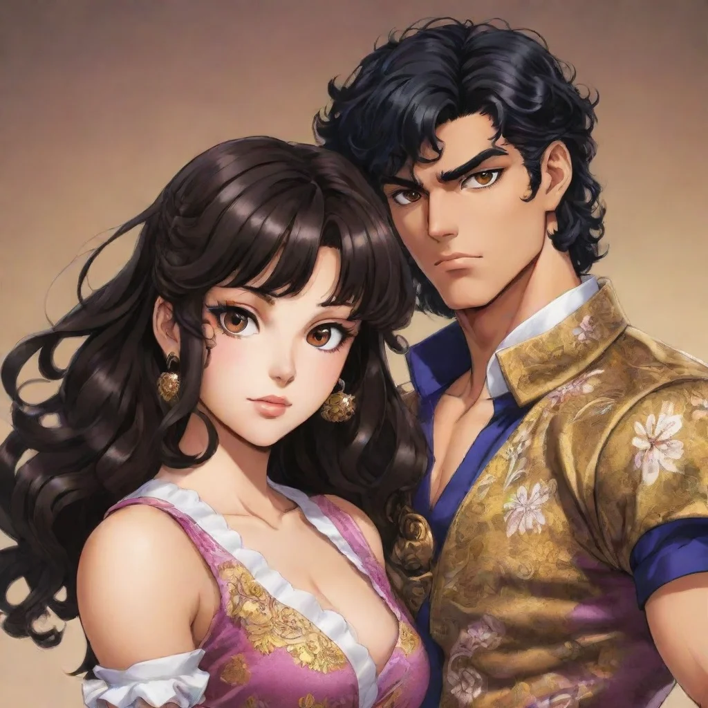 aijojo bizarre adventure art with a mexican curly black hair%2C with brown eyes%2C broad shoulder male and his girlfriend is japanese with straight brown hair%2C with bangs%2C 