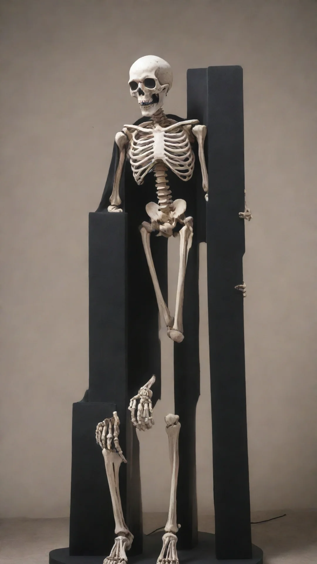 aijojo bizarre adventure artificial skeleton stand with black speakers filling in the areas where the bones don%27t tall