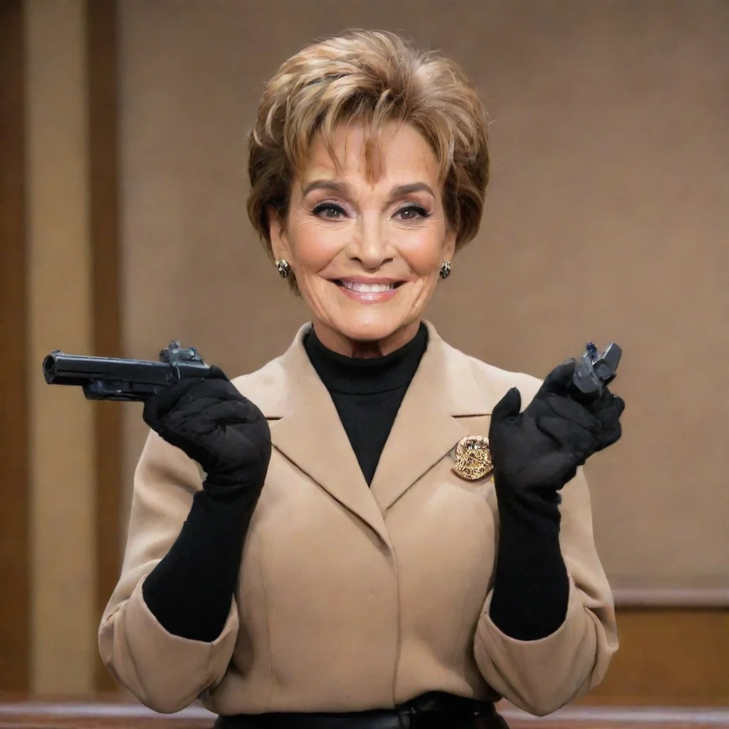 judge judy smiling with black gloves and gun 