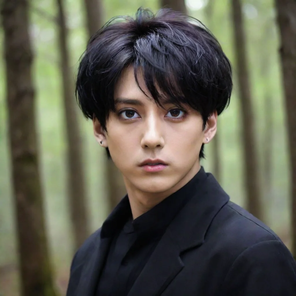 aijungkook habiller an noir avec les cheveux noir avec les yeux de vampire dans une for%C3%AAt 