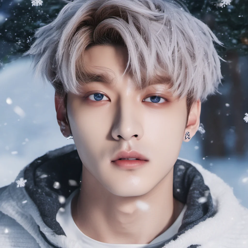 aijungkook with snow crystals on his hair looks straight with blue eyes good looking trending fantastic 1