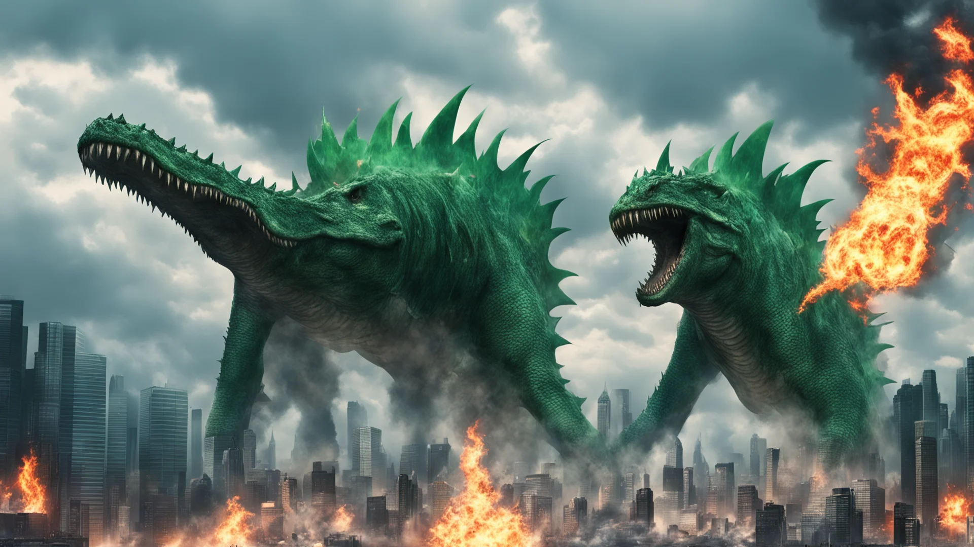 aikaiju that has 1 long tail and that is a hybrid mosasaurus and has green fire coming out of its mouth destroying the city  amazing awesome portrait 2 wide