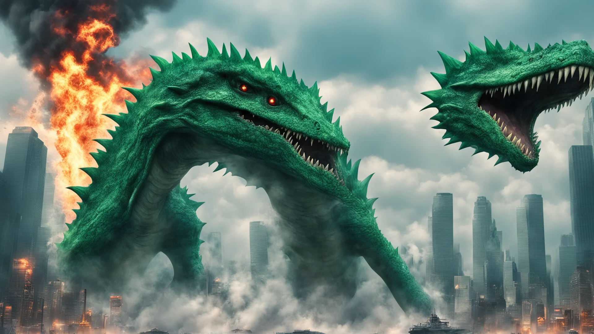 kaiju that has 1 long tail and that is a hybrid mosasaurus and has green fire coming out of its mouth destroying the city  wide