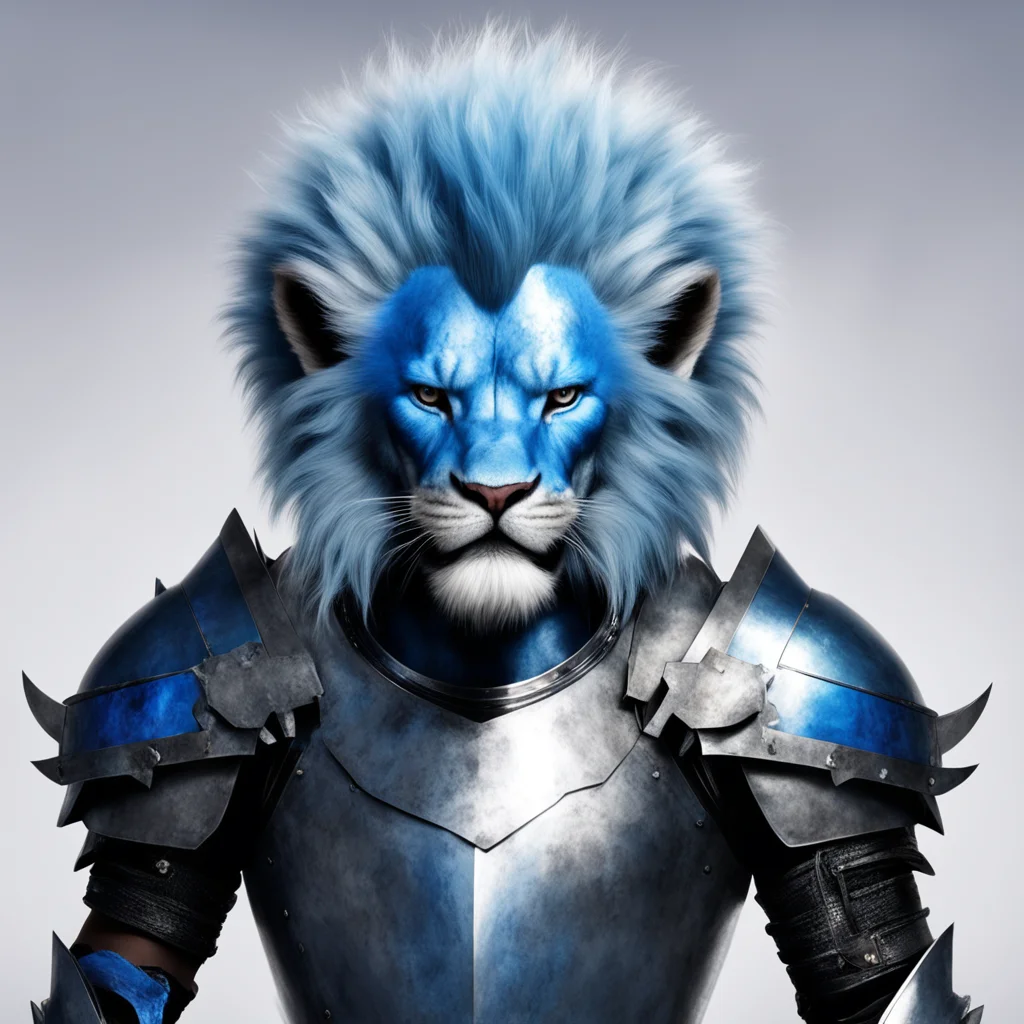 kajiit lion man blue mohawk shiny silver helmet and silver armour kind face blue eyes strong warrior character sabre teeth amazing awesome portrait 2