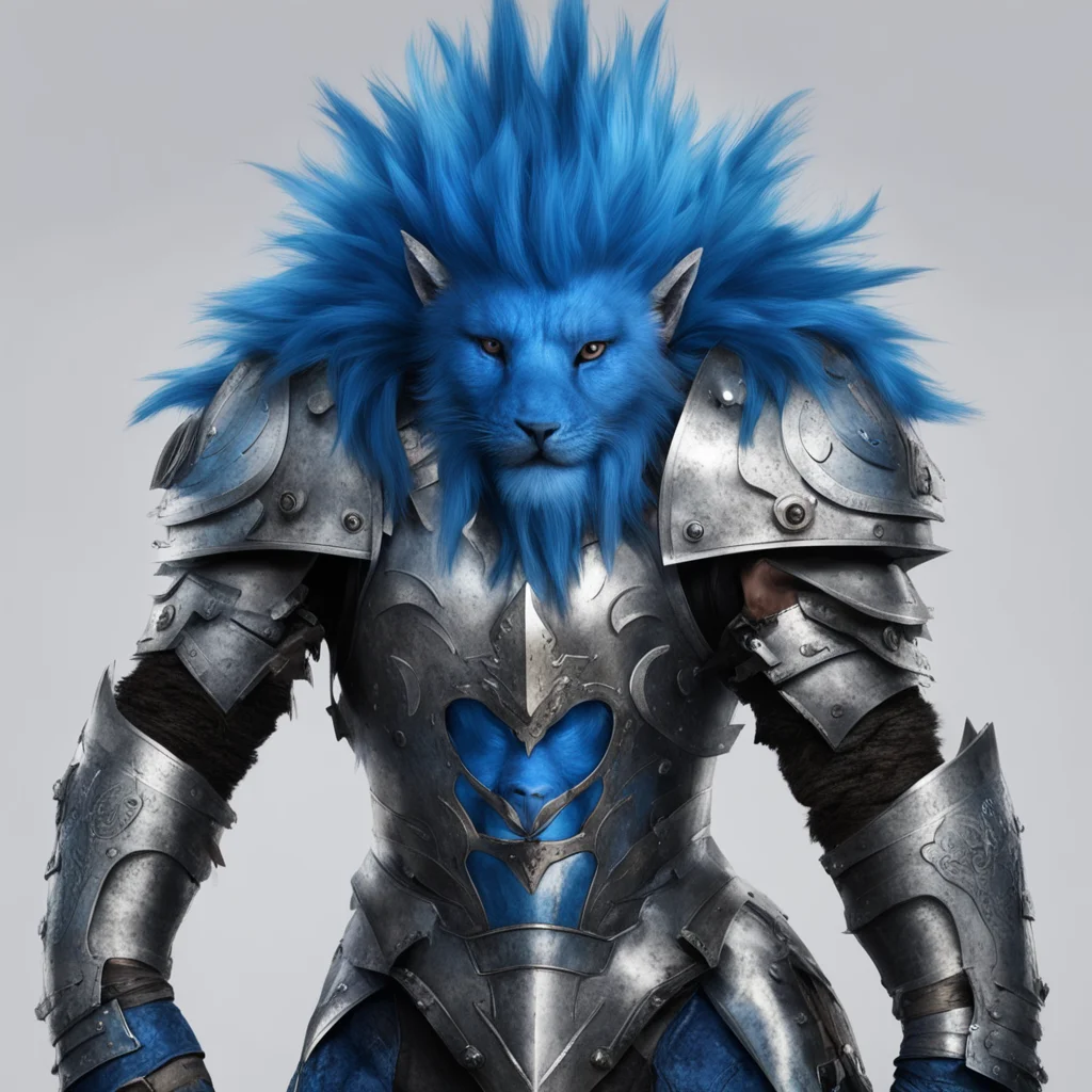 aikajiit lion man blue mohawk shiny silver helmet and silver armour kind face blue eyes strong warrior character sabre teeth confident engaging wow artstation art 3