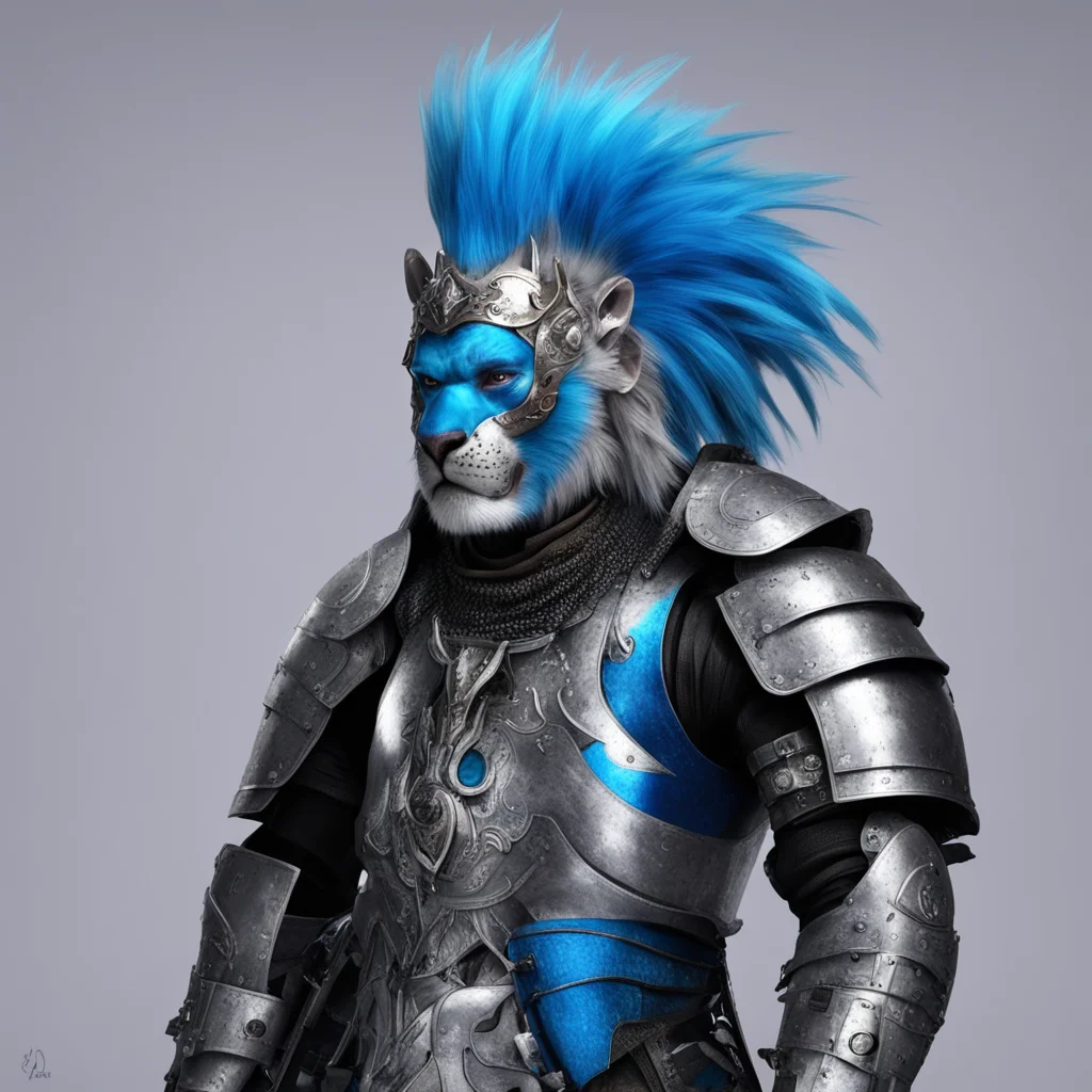 kajiit lion man blue mohawk shiny silver helmet and silver armour kind face blue eyes strong warrior character sabre teeth good looking trending fantastic 1