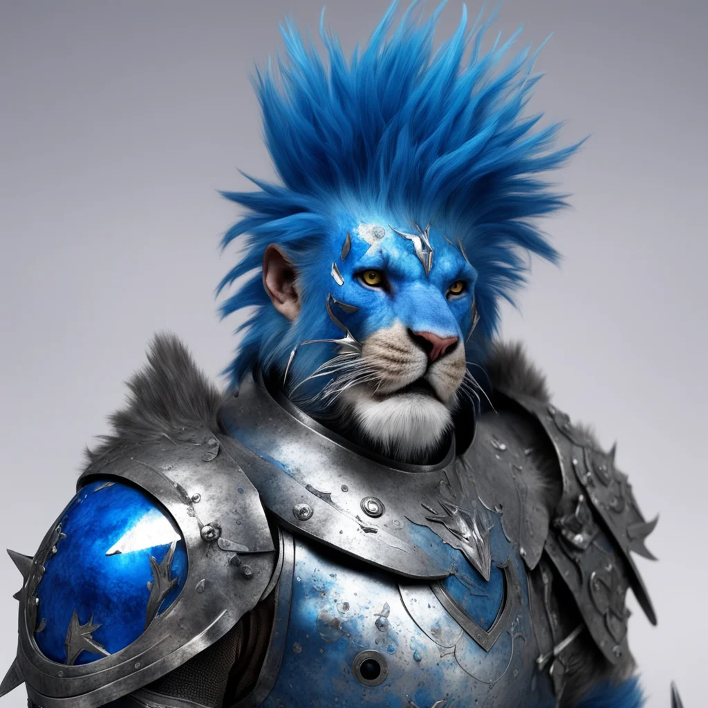aikajiit lion man blue mohawk shiny silver helmet and silver armour kind face blue eyes strong warrior character sabre teeth