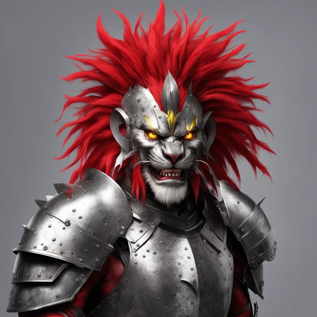 aikajiit lion man red mohawk shiny silver helmet and silver armour kind face yellow green eyes strong warrior character sabre teeth amazing awesome portrait 2