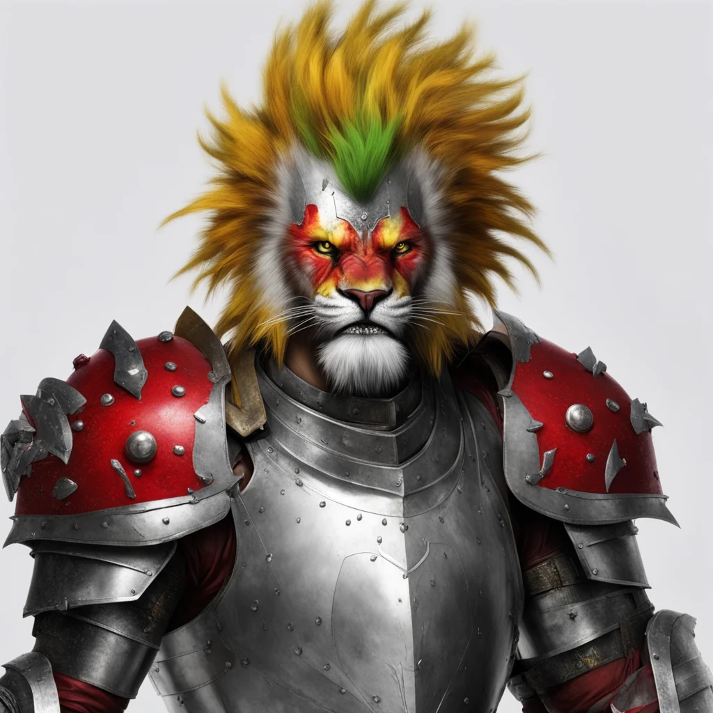 aikajiit lion man red mohawk shiny silver helmet and silver armour kind face yellow green eyes strong warrior character sabre teeth good looking trending fantastic 1