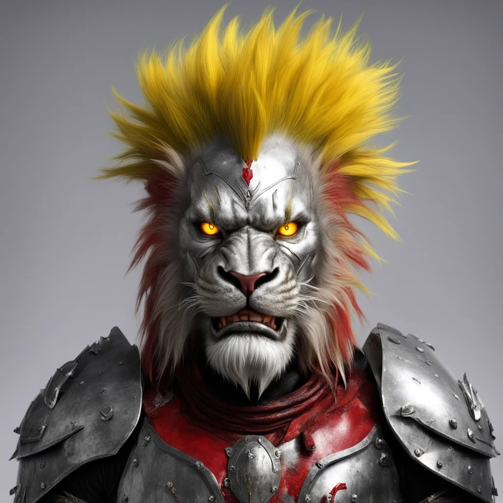 aikajiit lion man red tuft of mohawk shiny silver helmet and silver armour kind face yellow green eyes strong warrior character sabre teeth confident engaging wow artstation art 3
