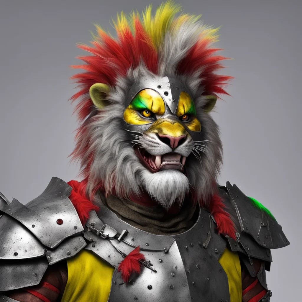 aikajiit lion man red tuft of mohawk shiny silver helmet and silver armour kind face yellow green eyes strong warrior character sabre teeth good looking trending fantastic 1