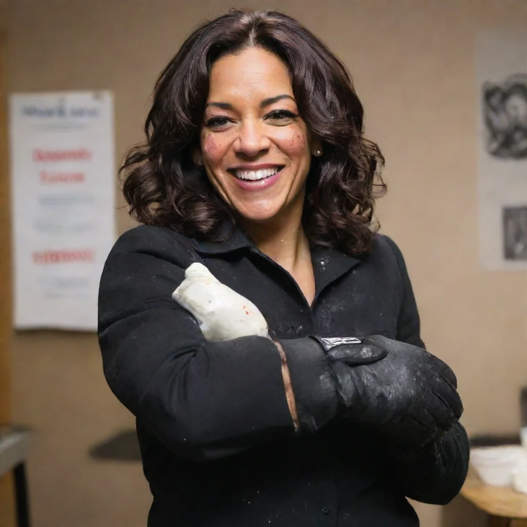 kamela harris smiling with black gloves and gun  and mayonnaise splattered everywhere